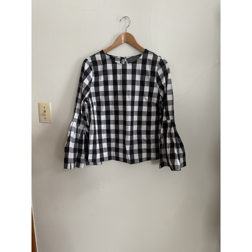 Anthropologie Black White Gigham belle Flare Sleeve Poplin Shirt. M rem faire - Picture 4 of 7